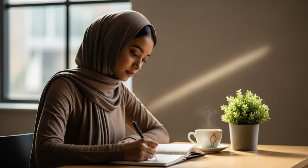 Black woman sitting by window with tea, reflecting quietly — intentional living and calm productivity